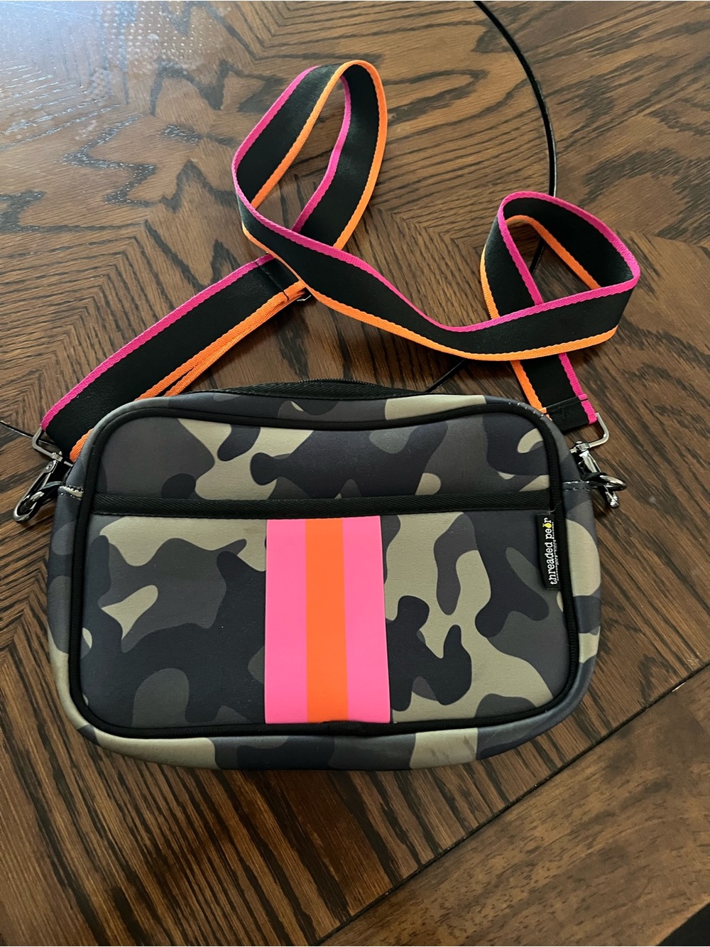 Threaded Pearl Camouflage Crossbody Bag Zip Closure Adjustable Pink/Orange Strap